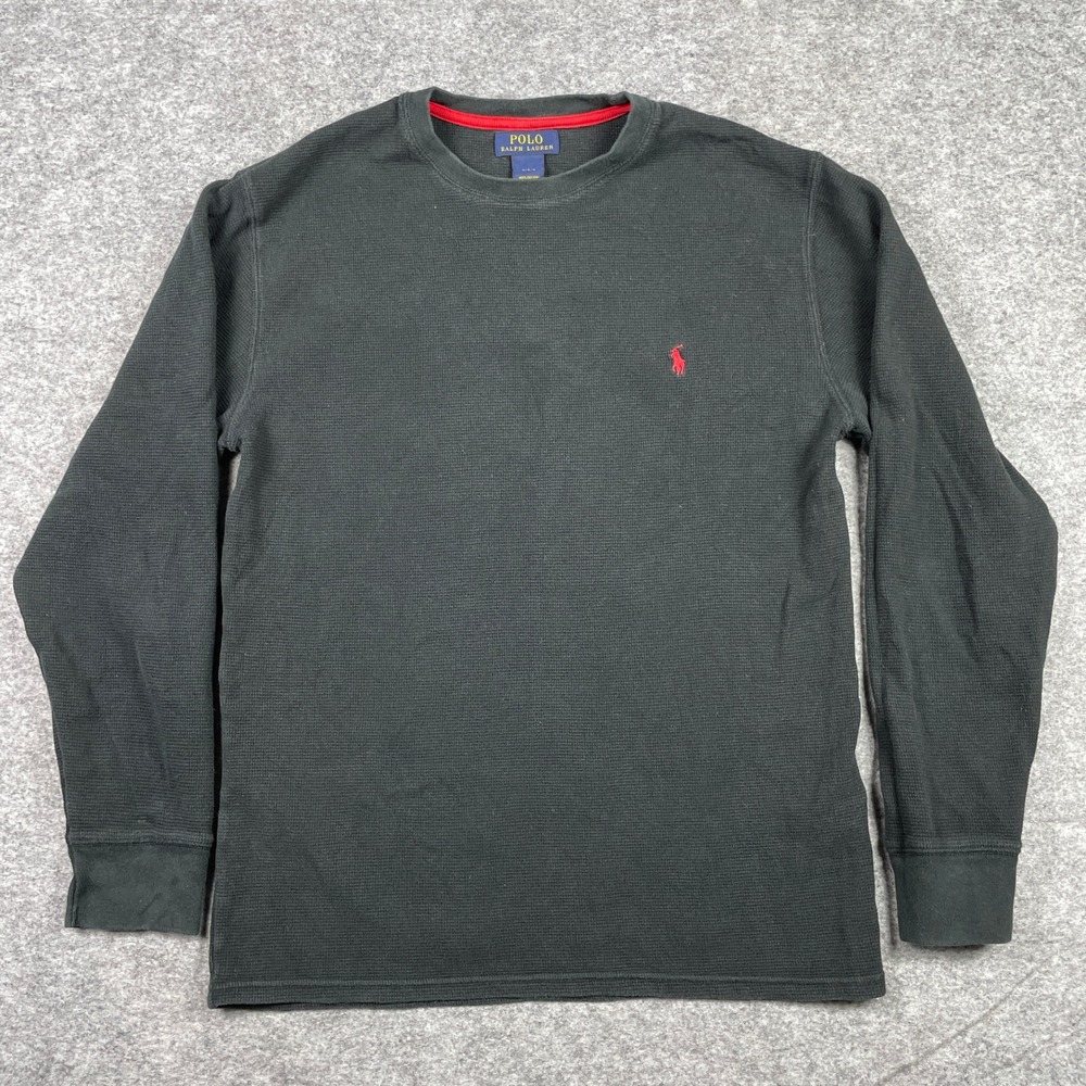 Polo Ralph Lauren Thermal Shirt Mens L Black Waffle Knit Long Sleeve Crewneck